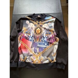 Nobility Mens XL Bomber Jacket Baroque Statue Gold Chain Lion Print Full Zip USA
